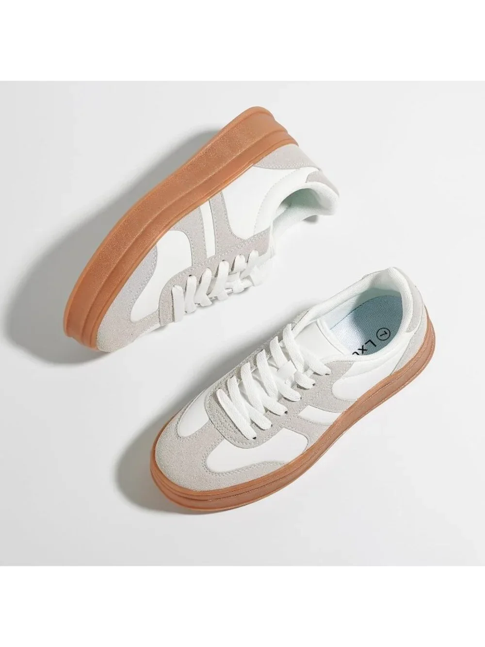 🆕Women's White Grey Gum Sole Fashion Sneakers Thick Platform Sole Rubber Shoes
